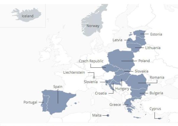 Mapa Benefijentów Funduszu Norweskiego, tj. 16 krajów UE – czyli 12 państw, które przystąpiły do wspólnego rynku w roku 2004 i roku 2007, oraz Hiszpania, Portugalia i Grecja i Chorwacja